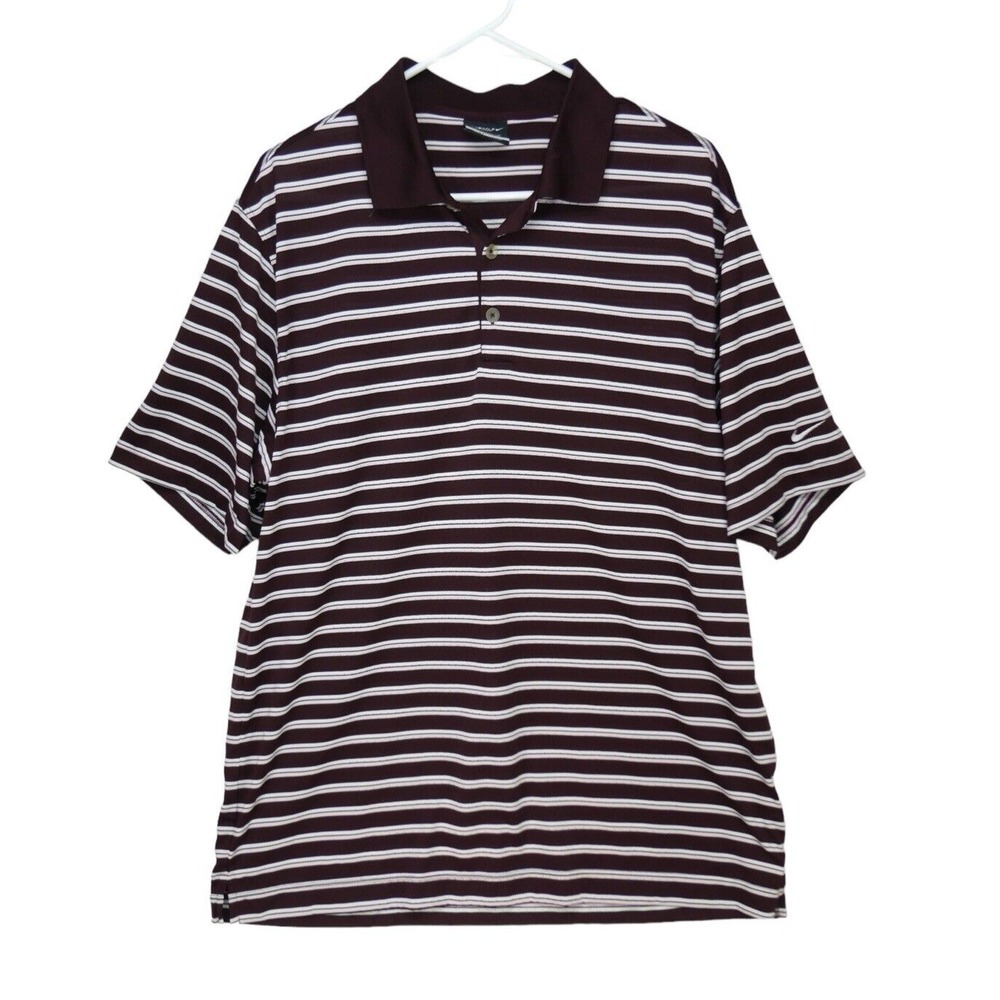 Nike Golf Mens Polo Shirt Dri-Fit Large Burgundy Pink Striped Golfing Outdoors L
